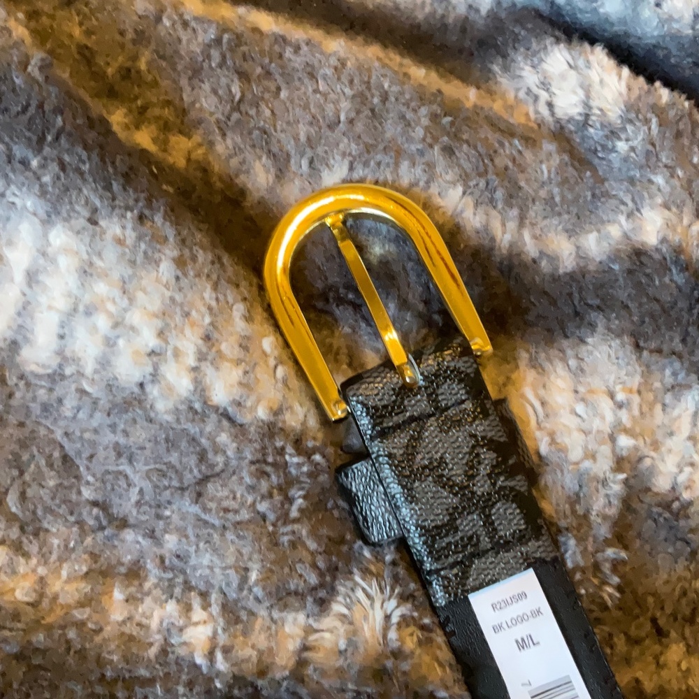 DKNY Women’s Black and Gray Belt with Gold colored Buckle